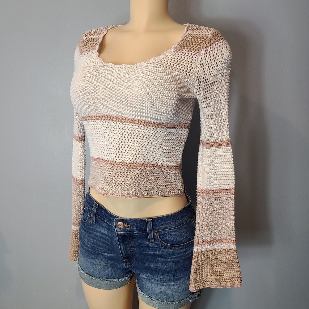 Crochet Flare Sleeve Sweater Y2K Sz M Granola Cottage Fairy Pink Ren Faire Boho - Picture 6 of 11
